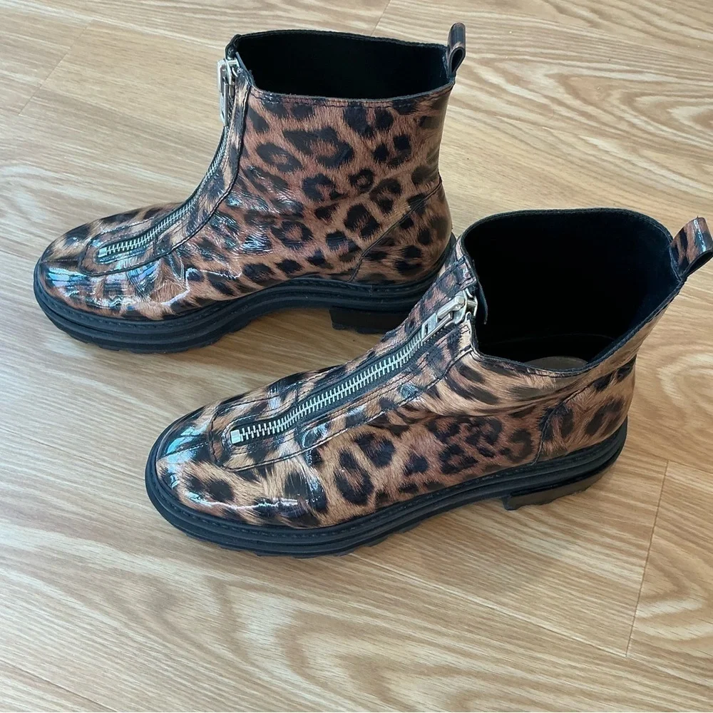 SCHUTZ Maryele Leopard Patent Print Combat Boots Size 9.5B